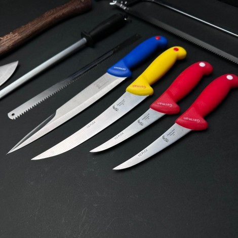 Set macelarie 8 piese, Toporisca, Fierastrau de mana tăiat oase cu 2 panze, 4 cutite si pila ascutit