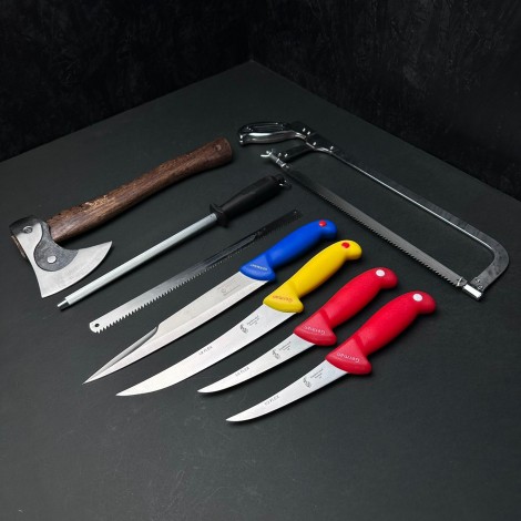 Set macelarie 8 piese, Toporisca, Fierastrau de mana tăiat oase cu 2 panze, 4 cutite si pila ascutit