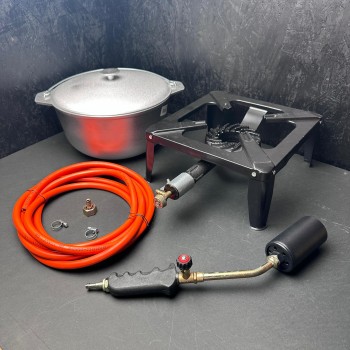 Set macelarie 4 piese, Arzator Nurgaz, Pirostrie 40x40cm, Tuci aluminiu cu capac si furtun gaz 5m cu accesorii