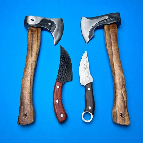 Set macelarie 4 piese, Toporisca despicat si Toporisca taiat Yang, Cutit fier forjat si Cutit transat