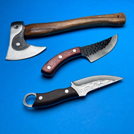 Set macelarie 4 piese, Toporisca despicat si Toporisca taiat Yang, Cutit fier forjat si Cutit transat
