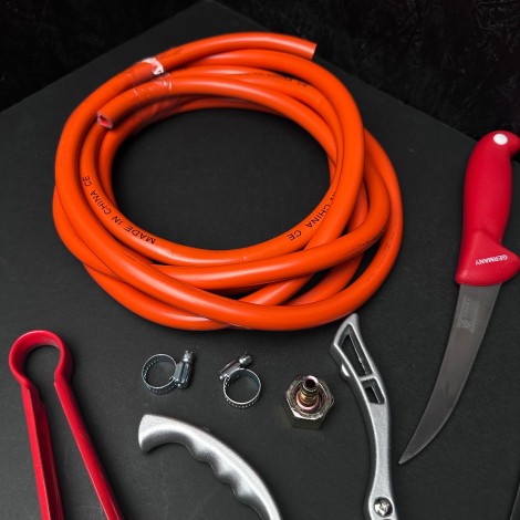 Set macelarie 11 piese, Arzator Nurgaz, 3 Cutite, Foarfece, Cleste si Razatoare bucatarie plus furtun gaz 4m cu accesorii