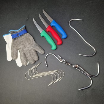 Set macelarie 12 piese, 3 Cutite, 7 Carlige diverse modele si manusa macelar