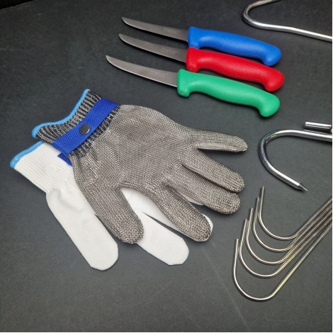 Set macelarie 12 piese, 3 Cutite, 7 Carlige diverse modele si manusa macelar