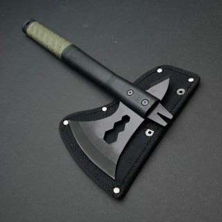 Toporisca tactica 33cm, camping si drumetii, lama otel inoxidabil, maner verde, husa
