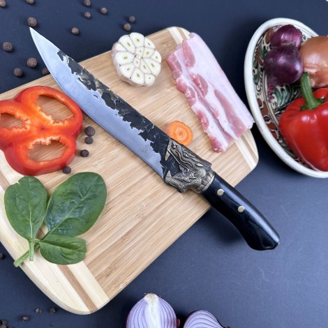 Cutit fier forjat 33cm, lama dreapta otel inox, maner lemn negru, 7-14, vanatoare