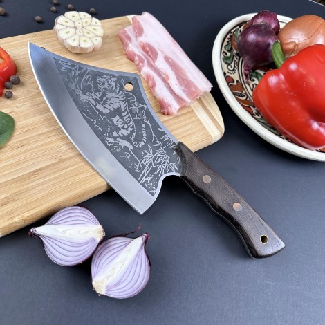 Cutit fier forjat 32cm tip satar, lama curbata otel inox, maner lemn negru, 7-36