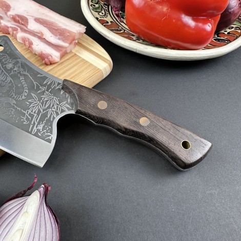 Cutit fier forjat 32cm tip satar, lama curbata otel inox, maner lemn negru, 7-36