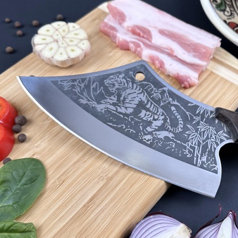 Cutit fier forjat 32cm tip satar, lama curbata otel inox, maner lemn negru, 7-36