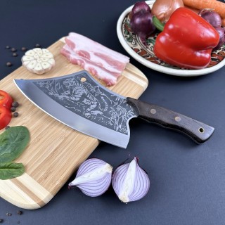 Cutit fier forjat 32cm tip satar, lama curbata otel inox, maner lemn negru, 7-36