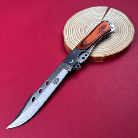 Cutit camping tip Briceag 27cm, lama otel inox, maner metal+lemn maro, cu husa FR18