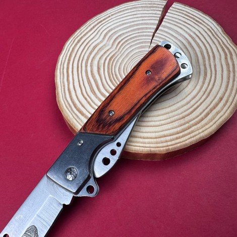 Cutit camping tip Briceag 27cm, lama otel inox, maner metal+lemn maro, cu husa FR18