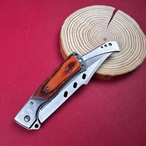 Cutit camping tip Briceag 27cm, lama otel inox, maner metal+lemn maro, cu husa FR18