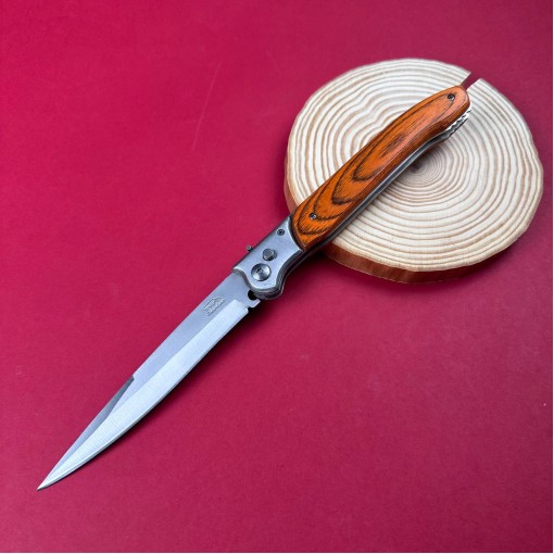 Cutit camping tip Briceag 31cm, lama otel inox, maner metal+lemn maro, cu husa FR18