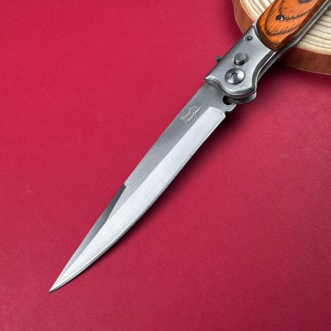 Cutit camping tip Briceag 31cm, lama otel inox, maner metal+lemn maro, cu husa FR18