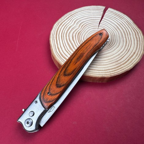 Cutit camping tip Briceag 31cm, lama otel inox, maner metal+lemn maro, cu husa FR18