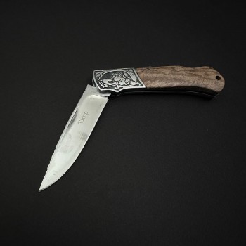 Cutit camping tip Briceag Tiger 20cm, lama otel inox, maner metal+abs, cu husa, maro