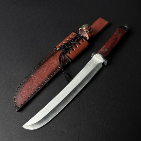 Cuțit camping/survival tip Bowie 35 cm – lamă otel inox, mâner lemn maro, teacă piele gravata dragon FR20