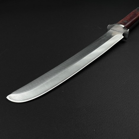 Cuțit camping/survival tip Bowie 35 cm – lamă otel inox, mâner lemn maro, teacă piele gravata dragon FR20