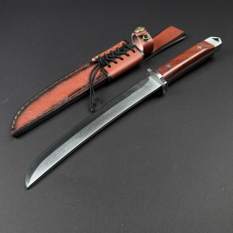 Cuțit camping/survival tip Bowie 35 cm – lamă otel inox, mâner lemn maro, teacă piele gravata dragon FR20