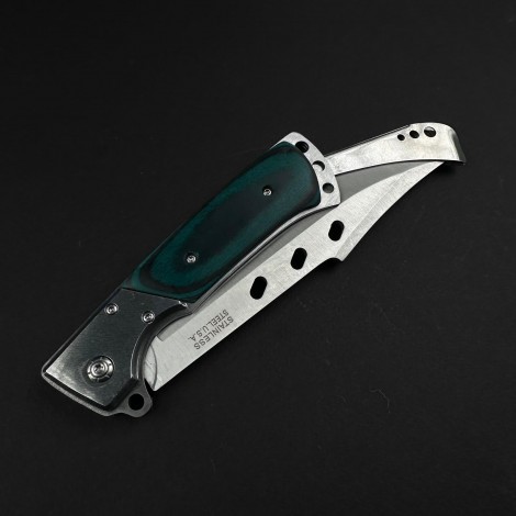 Cutit camping tip Briceag 27cm, lama otel inox, maner metal+lemn verde, cu husa FR18