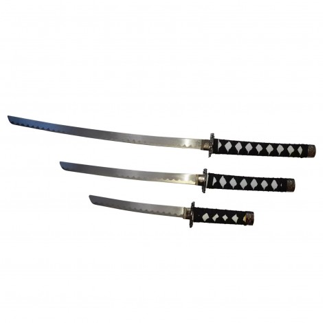 Set 3 sabii tip katana Ninja Warrior, panoplie, replici decorative, suport inclus, negru FR17
