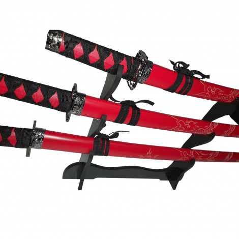 Set 3 sabii tip katana Ninja Warrior, panoplie, replici decorative, suport inclus, rosu FR17
