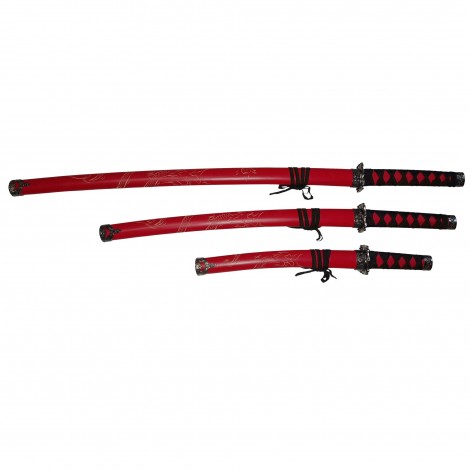 Set 3 sabii tip katana Ninja Warrior, panoplie, replici decorative, suport inclus, rosu FR17