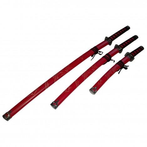 Set 3 sabii tip katana Ninja Warrior, panoplie, replici decorative, suport inclus, rosu FR17