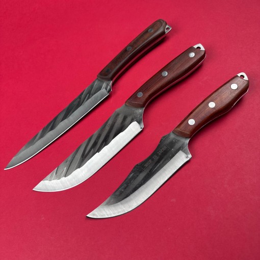 Set HOBBY camping 3 piese Cutit japonez, lama otel inox, teaca piele, maner lemn maro