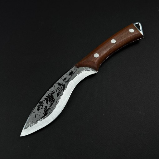 Cutit camping Skinner Black Tiger 28cm, lama curba otel inox, maner lemn, teaca piele FR20