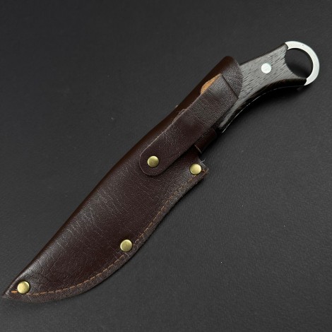 Cutit camping Skinner Tigru 25cm, lama curba otel inox, maner lemn cu inel, teaca piele FR20