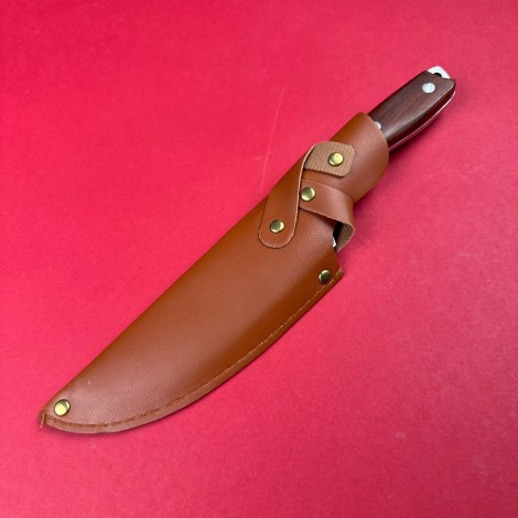 Cutit camping japonez 28cm, lama otel inox, teaca piele, maner lemn maro FR19