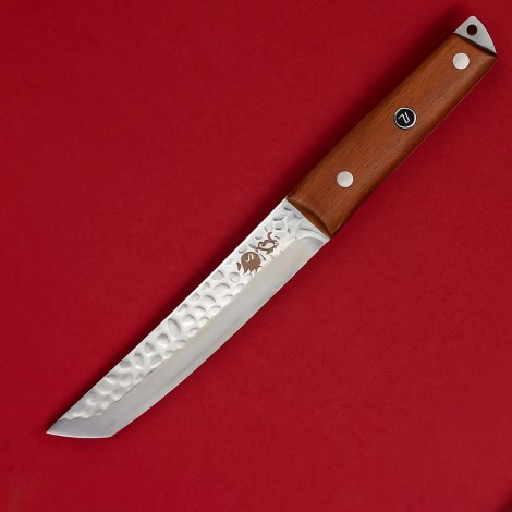Cutit camping japonez 30cm, lama otel inox hammered, teaca piele, maner lemn maro FR19
