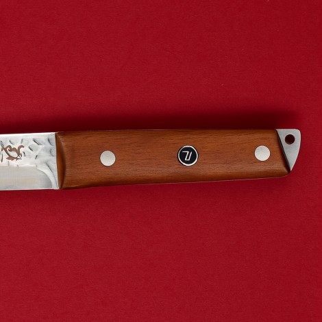 Cutit camping japonez 30cm, lama otel inox hammered, teaca piele, maner lemn maro FR19
