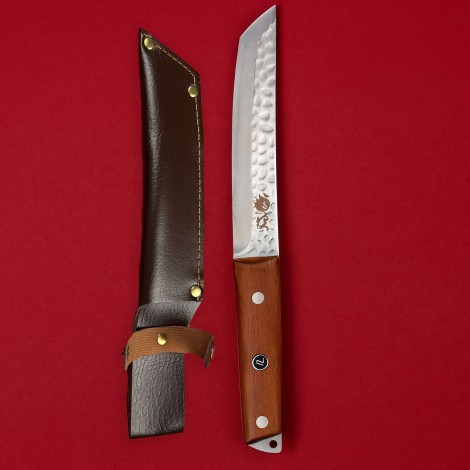Cutit camping japonez 30cm, lama otel inox hammered, teaca piele, maner lemn maro FR19