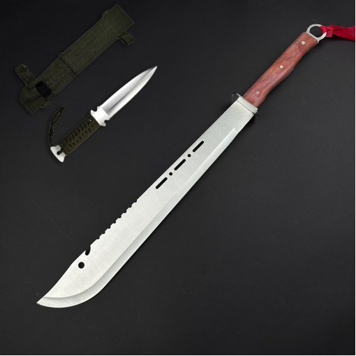 Cuțit camping tip maceta bowie 70cm, lamă otel inoxidabil, maner lemn cu inel, cu husa camo FR18 sabie + Cadou kunai 22cm FRS10