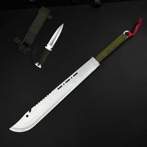 Cuțit camping tip maceta bowie 70cm, lamă oțel inoxidabil, muchie parțial zimțată, mâner paracord verde, cu husa FR18 sabie + Cadou kunai 22cm FRS10