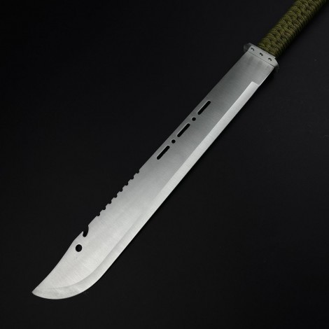 Cuțit camping tip maceta bowie 70cm, lamă oțel inoxidabil, muchie parțial zimțată, mâner paracord verde, cu husa FR18 sabie + Cadou kunai 22cm FRS10