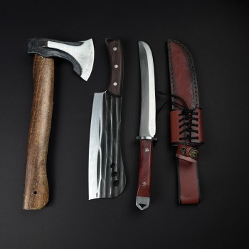 Set hobby 3 piese, Toporisca 34cm, Cutit tip Maceta fier forjat si Cutit tip Bowie cu husa piele gravata, set1