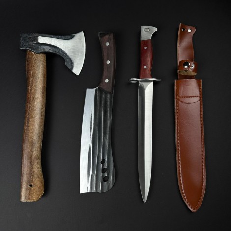 Set hobby 3 piese, Toporisca 34cm, Cutit tip Maceta fier forjat si Cutit tip Baioneta cu husa piele, set2