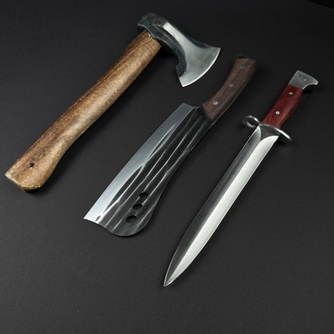Set hobby 3 piese, Toporisca 34cm, Cutit tip Maceta fier forjat si Cutit tip Baioneta cu husa piele, set2