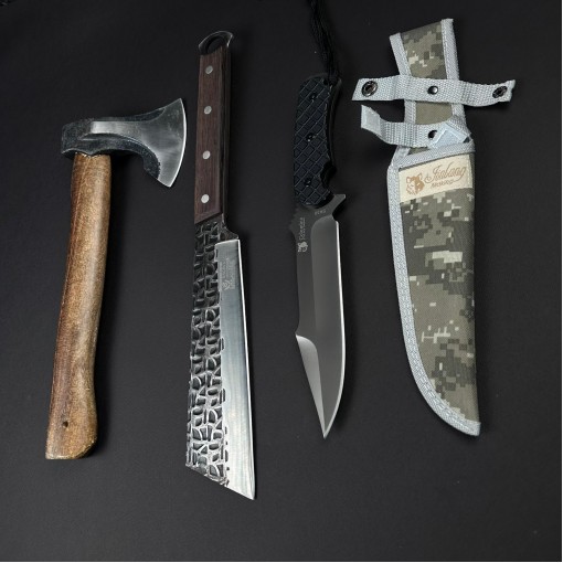 Set hobby 3 piese, Toporisca 34cm, Cutit tip Maceta 43cm fier forjat si Cutit camping SA30 cu husa, set4