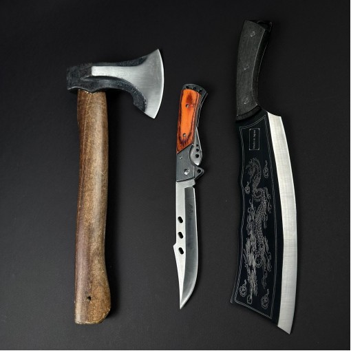 Set hobby 3 piese, Toporisca 34cm, Cutit tip Maceta 35cm fier forjat si Cutit tip Briceag 27cm, set8