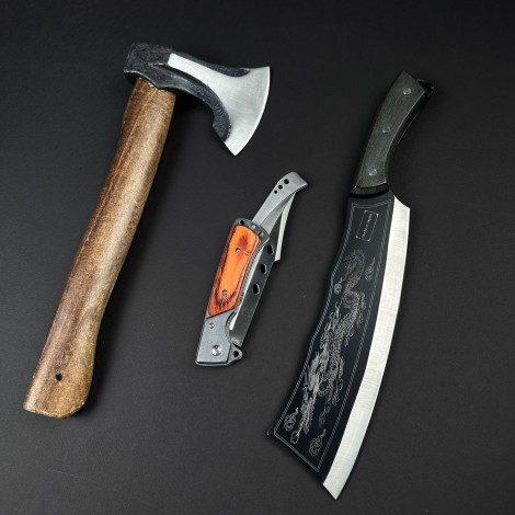 Set hobby 3 piese, Toporisca 34cm, Cutit tip Maceta 35cm fier forjat si Cutit tip Briceag 27cm, set8