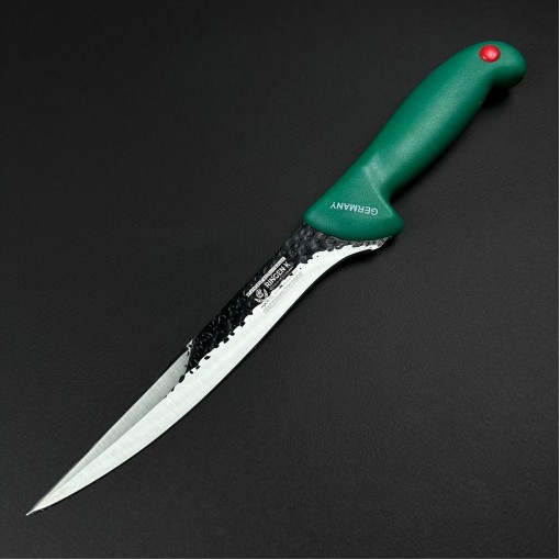 Cutit macelarie injunghiat 32cm, lama cu varf tais dublu fier forjat, verde CMI32VVD-FF