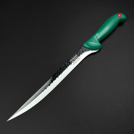 Cutit macelarie injunghiat 38cm, lama cu varf tais dublu fier forjat, verde CMI38VVD-FF