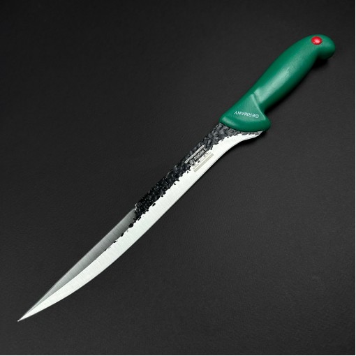 Cutit macelarie injunghiat 38cm, lama cu varf tais dublu fier forjat, verde CMI38VVD-FF