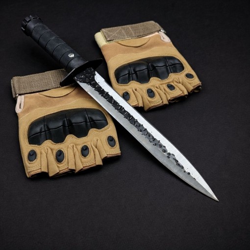 Set cuțit carne 35cm, lama fier forjat, maner texturat + mănuși tactice fingerless marime universala FR21