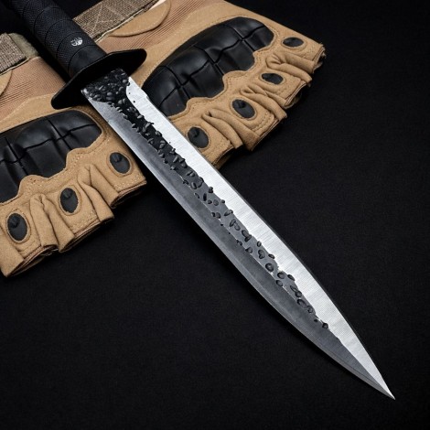 Set cuțit carne 35cm, lama fier forjat, maner texturat + mănuși tactice fingerless marime universala FR21